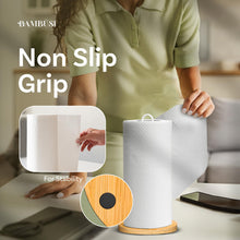 Load image into Gallery viewer, Paper Towel Holder - Wooden Paper Towel Holder with Non-Slip Wood Base, Minimalist Modern Style, Countertop Paper Towel Dispenser for Kitchen, Home, Office - Black Paper Towel Stand by Bambüsi
