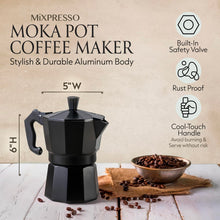 Load image into Gallery viewer, Mixpresso 3 Cup Moka Pot Coffee Maker for Gas, Electric Stove Top, Classic Italian Espresso Maker, Stovetop for Camping, Makes 5 Oz Cuban Coffee