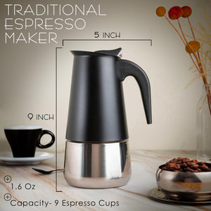 Mixpresso 9 Cup Greca Stovetop Espresso Maker 450ml/15oz, Moka Pot with Coffee Percolator Design, Stainless Steel Stove Top Coffee Maker for Camping or Home Use, Italian Coffee Maker Stovetop