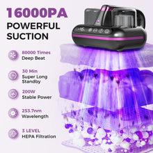 Load image into Gallery viewer, Mattress Vacuum Cleaner - 5-in-1 Cordless Bed Vacuum Cleaner, Powered by UV-C Light &amp; Ultrasonic Technology, 16Kpa Strong Suction,Low Noise,Suitable for Dust, Pet Hair, Etc.