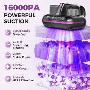 Mattress Vacuum Cleaner - 5-in-1 Cordless Bed Vacuum Cleaner, Powered by UV-C Light & Ultrasonic Technology, 16Kpa Strong Suction,Low Noise,Suitable for Dust, Pet Hair, Etc.