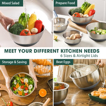 Load image into Gallery viewer, Umite Chef Mixing Bowls with Airtight Lids, 6 piece Stainless Steel Metal Nesting Storage Bowls, Non-Slip Bottoms Size 7, 3.5, 2.5, 2.0,1.5, 1QT, Great for Mixing &amp; Serving (Khaki)