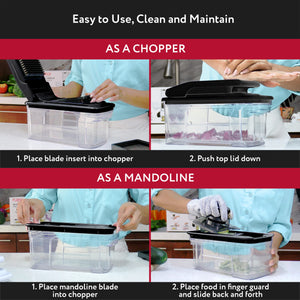 All-in-1 Vegetable Chopper and Mandoline Slicer for Kitchen - Cheese Grater, French Fry Cutter, Cheese Slicer - Bonus Handheld Spiralizer Included (6 in 1, Black/White)