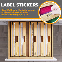 Load image into Gallery viewer, SpaceAid WrapNeat 3 in 1 Wrap Organizer with Cutter and Labels, Plastic Wrap, Aluminum Foil and Wax Bamboo Dispenser for Kitchen Storage Organization Holder for 12&quot; Roll (Natural)