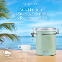 Load image into Gallery viewer, Mixpresso Green Coffee Canister, 16oz Airtight Stainless Steel Kitchen Food Storage Container with Clear Lid and Spoon. for Grounds Coffee, Beans, Tea, Flour, Cereal, Vacuum Sealed Sugar Container