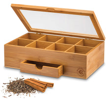 Load image into Gallery viewer, Bamboo Tea Bag Organizer Storage Box with Drawer &amp; Acrylic Window - Magnetic Lid Keeps Contents Fresh - Ideal Mothers Day Gifts for Mom - Gift Caddy (Tea Not Included)