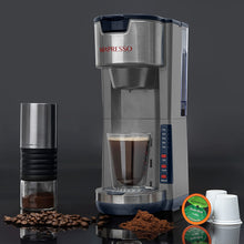 Load image into Gallery viewer, Mixpresso Single Serve Coffee Brewer K-Cup Pods Compatible &amp; Ground Coffee, 30 oz Compact Coffee Maker Single Serve With 5 Brew Sizes Up To 14 Oz, Fits Travel Mug, Adjustable Drip Tray, Black