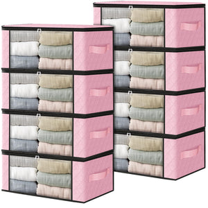 HomeHacks Storage 3-Pack Clothes Organizer Storage Bags Foldable Storage Box with Large Clear Window Sturdy Handles for Closet, Dorm, Pillows, Bedding, Clothes, Blankets, 35L, Gray