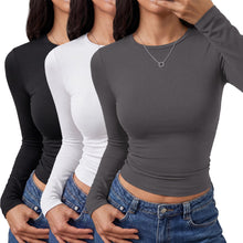 Load image into Gallery viewer, TNNZEET 3 Pack Womens Long Sleeve Shirts Crewneck Basic Fitted Tees Y2K Top | Tight Workout Tops, Slim Fit Plain Tees, Underscrub Casual Shirts women, Going Out Fall Fashion Clothes, Soft Gym Clothing