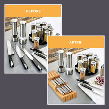 Load image into Gallery viewer, Bambüsi In-Drawer Knife Block - Bamboo Knife Drawer Organizer for Kitchen - Fits 5 Long + 6 Short Knives - Store Knives with Blades Pointing Down - Wooden Steak knife Holder without Knives
