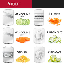 Load image into Gallery viewer, Mandoline Slicer for Kitchen, Fruit Cutter, Cheese Grater, Cucumber Slicer, Veggie Spiralizer, Food Cutter &amp; Kitchen Gadgets with Safety Glove (6 in 1, White)