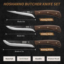 Load image into Gallery viewer, Butcher Knife Set, Hand Forged Butcher Chef Knife Set with Roll Bag, Sharp Meat Cleaver Knife &amp; Bone Chopper Knives &amp; Fillet Knives for Home &amp; Camping &amp; BBQ Gift for Men