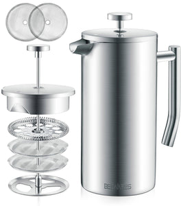 Belwares French Press Coffee Maker 50 OZ - Large Insulated Stainless Steel 304 Coffee Press with Double Wall & 4-Level Filtration System (Black - 1.5L)