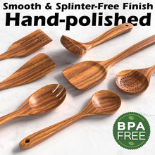 Load image into Gallery viewer, Natural Teak Kitchen Cooking Utensil Set with Holder, Wooden Spoons for Cooking, 10PCS Cooking Spatulas Set with Spoon Rest, Wooden Utensil Set for Nonstick Cookware Sturdy &amp; Lightweight