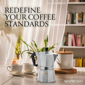 Mixpresso 3 Cup Moka Pot Coffee Maker for Gas, Electric Stove Top, Classic Italian Espresso Maker, Stovetop for Camping, Makes 5 Oz Cuban Coffee