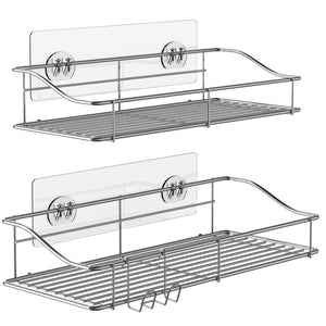 Shower Caddy Shelf Organizer Rack with Hooks, Adhesive Shower Storage for Bathroom - 2 Pack (Silver)
