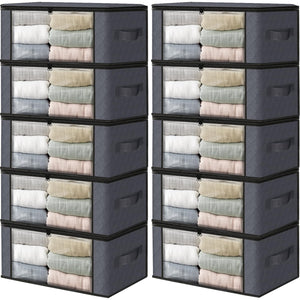HomeHacks Storage 3-Pack Clothes Organizer Storage Bags Foldable Storage Box with Large Clear Window Sturdy Handles for Closet, Dorm, Pillows, Bedding, Clothes, Blankets, 35L, Gray