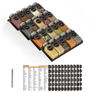 SpaceAid Spice Drawer Organizer with 28 Spice Jars, 386 Spice Labels, 4 Tier Seasoning Rack Tray Insert for Kitchen Drawers, 13" Wide x 17.5" Deep