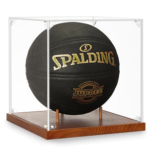 JupDec Baseball Display Case - Clear Cube Baseball Holder with Wooden Base, Autograph Stand Box for Single Ball, Acacia Wood, Brown, 1 Pack