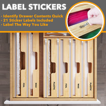 Load image into Gallery viewer, SpaceAid WrapNeat 3 in 1 Wrap Organizer with Cutter and Labels, Plastic Wrap, Aluminum Foil and Wax Bamboo Dispenser for Kitchen Storage Organization Holder for 12&quot; Roll (Natural)