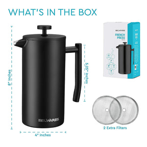 Belwares French Press Coffee Maker 50 OZ - Large Insulated Stainless Steel 304 Coffee Press with Double Wall & 4-Level Filtration System (Black - 1.5L)