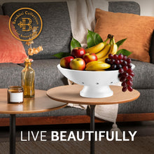 Load image into Gallery viewer, Bambüsi Fruit Bowl - 11&quot; Large Brown Wooden Pedestal Bowl for Kitchen Counter &amp; Dining Table Centerpiece, Premium Bamboo Wood Fruit Basket &amp; Banana Holder for Fresh Produce, Bread &amp; Home Decor