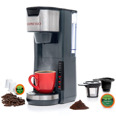 Mixpresso Single Serve Coffee Brewer K-Cup Pods Compatible & Ground Coffee, 30 oz Compact Coffee Maker Single Serve With 5 Brew Sizes Up To 14 Oz, Fits Travel Mug, Adjustable Drip Tray, Black