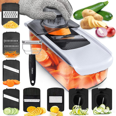 Mandoline Slicer for Kitchen, Fruit Cutter, Cheese Grater, Cucumber Slicer, Veggie Spiralizer, Food Cutter & Kitchen Gadgets with Safety Glove (6 in 1, White)