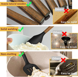 Silicone Cooking Utensil Set, Umite Chef 8-Piece Kitchen Utensils Set with Natural Acacia Wooden Handles,Food-Grade-Silicone Kitchen Gadgets Spatulas Set for Nonstick Cookware- Black