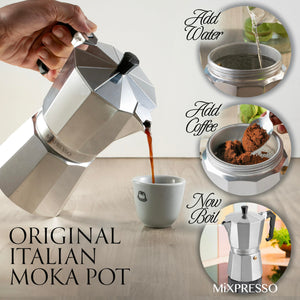 Mixpresso 3 Cup Moka Pot Coffee Maker for Gas, Electric Stove Top, Classic Italian Espresso Maker, Stovetop for Camping, Makes 5 Oz Cuban Coffee