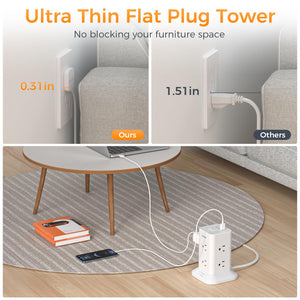 Tower Power Strip with 6 Feet Extension Cord, 8 Outlets 3 USB Chargers, 1700 Joules Surge Protection, Extension Cord with Multiple Outlets, 1875W, Office Supplies, Dorm Essentials, Charging Station