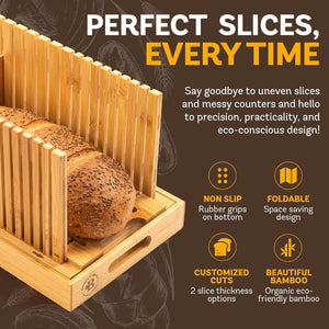 Bread Slicer for Homemade Bread - Bamboo Bread Cutter with Knife, Foldable Slicing Guide, Crumb Tray - Compact Bread Loaf Slicer for Cakes, Bagels, Loaves - Kitchen Gadget & Gifts by Bambüsi
