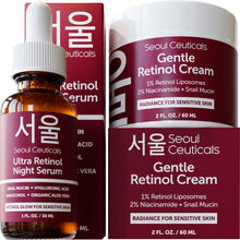 Load image into Gallery viewer, SeoulCeuticals Korean Retinol Night Serum + Retinol Night Cream for Face + 97.5% Snail Mucin for Sensitive Skin