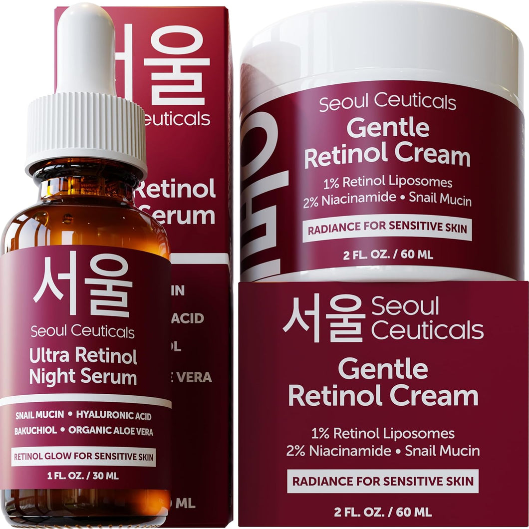 SeoulCeuticals Korean Retinol Night Serum + Retinol Night Cream for Face + 97.5% Snail Mucin for Sensitive Skin