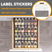 Load image into Gallery viewer, SpaceAid Spice Drawer Organizer with 28 Spice Jars, 386 Spice Labels, 4 Tier Seasoning Rack Tray Insert for Kitchen Drawers, 13&quot; Wide x 17.5&quot; Deep