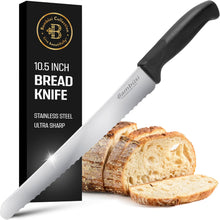 Load image into Gallery viewer, Bambüsi Bread Knife for Homemade Bread Sourdough - Long 10&quot; Serrated Stainless Steel Cutter with 6&quot; Non-Slip Handle - Sourdough Cutter for Slicing Artisan Loaves, Cake, Pastries, and Fruits
