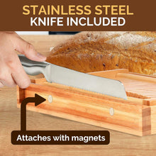 Load image into Gallery viewer, Bread Slicer for Homemade Bread - Bamboo Bread Cutter with Knife, Foldable Slicing Guide, Crumb Tray - Compact Bread Loaf Slicer for Cakes, Bagels, Loaves - Kitchen Gadget &amp; Gifts by Bambüsi