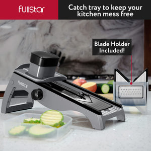 Mandoline Slicer for Kitchen – Stainless Steel Vegetable Cutter & Cheese Grater with Adjustable Blades, Safety Glove & Catch Tray Included (7-in-1, Silver)