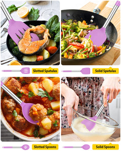 Pack of 4 Silicone Cooking Utensils Set, Non Stick Large Solid Spatulas, Heat Resistant Black Slotted Spoons, Ideal BPA Free Kitchen Turners for Frying, Mixing,Serving,Draining,Turning,Stirring