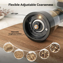 Load image into Gallery viewer, Electric Salt and Pepper Grinder Set with LED Power Display, 5-Level Grind Adjustment Easy Filling, Rechargeable Pepper Salt Mill Shakers Set Automatic with Storage Base, LED Light for Kitchen