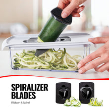 Load image into Gallery viewer, Mandoline Slicer for Kitchen, Fruit Cutter, Cheese Grater, Cucumber Slicer, Veggie Spiralizer, Food Cutter &amp; Kitchen Gadgets with Safety Glove (6 in 1, White)