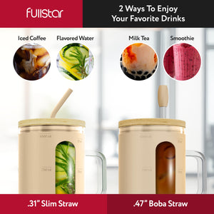 fullstar Glass Cups with Lids and Straws - Drinking Glasses, Glass Tumbler with Straw and Lid, Iced Coffee Cup with Bamboo Lids (Nude, 1 Pack)