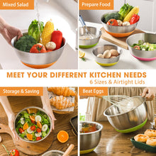 Load image into Gallery viewer, Umite Chef Mixing Bowls with Airtight Lids, 6 piece Stainless Steel Metal Nesting Storage Bowls, Non-Slip Bottoms Size 7, 3.5, 2.5, 2.0,1.5, 1QT, Great for Mixing &amp; Serving (Khaki)