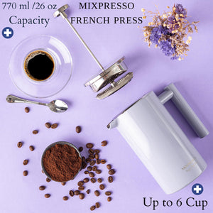 Mixpresso Stainless Steel French Press Coffee Maker 27 Oz 800 ml, Double Wall Insulated French Press Stainless Steel & Tea Brewer Easy Clean & Easy Press Strong Quality Metal Coffee Press.