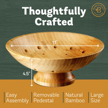 Load image into Gallery viewer, Bambüsi Fruit Bowl - 11&quot; Large Brown Wooden Pedestal Bowl for Kitchen Counter &amp; Dining Table Centerpiece, Premium Bamboo Wood Fruit Basket &amp; Banana Holder for Fresh Produce, Bread &amp; Home Decor