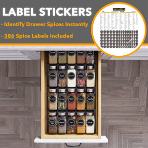 SpaceAid Spice Drawer Organizer with 28 Spice Jars, 386 Spice Labels, 4 Tier Seasoning Rack Tray Insert for Kitchen Drawers, 13" Wide x 17.5" Deep