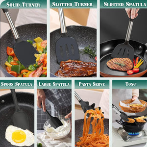 Umite Chef Silicone Kitchen Cooking Utensil Set, 43 pcs Spatula Set with Stainless Steel Handle, Non-stick Heat Resistant - Best Cookware Set-(Khaki)