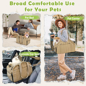 Outamateur Console Dog Car Seat,Dog Booster Seats for Small Dogs,Pet Cat Booster Car Seat on Car Armrest with Safety Cord and Storage Pocket for Small Dog Cat Puppy Under 11lbs (Khaki), Brown, Gray