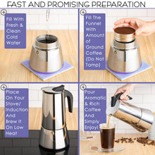 Load image into Gallery viewer, Mixpresso 9 Cup Greca Stovetop Espresso Maker 450ml/15oz, Moka Pot with Coffee Percolator Design, Stainless Steel Stove Top Coffee Maker for Camping or Home Use, Italian Coffee Maker Stovetop