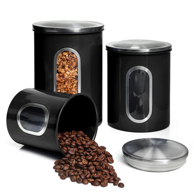 Mixpresso 3 Piece Black Canisters Sets For The Kitchen, Jars With See Window, Airtight Coffee Container Tea Organizer & Sugar Canister, Kitchen Canisters Set of 3 Black Kitchen Décor